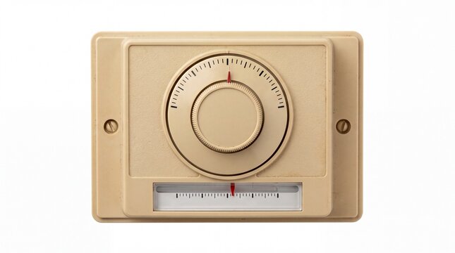Vintage beige analog thermostat showing circular dial and sliding scale temperature control mounted on white background
