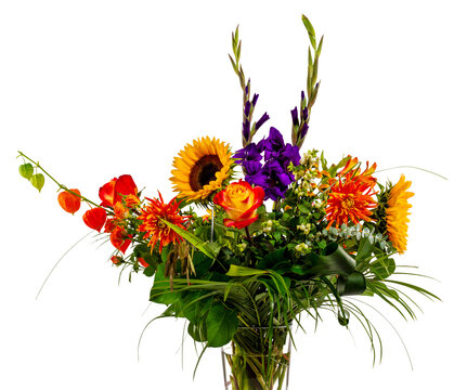 lush summer flower bouquet in a glass vase isolated on transparent background, close-up of colorful flower texture decoration overlay