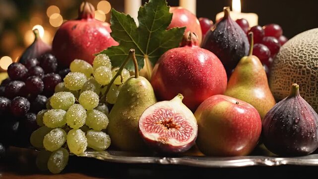 Fresh autumn fruits with water droplets on silver platter in warm candle light