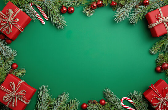 Festive background with gifts, ornaments, and greenery for holiday celebrations