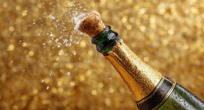 New year's celebration with champagne cork popping against a golden background