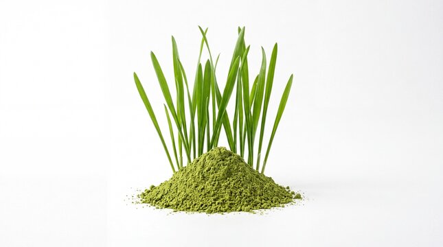 Vibrant green wheatgrass sprouts growing from a pile of healthy organic matcha powder on white background