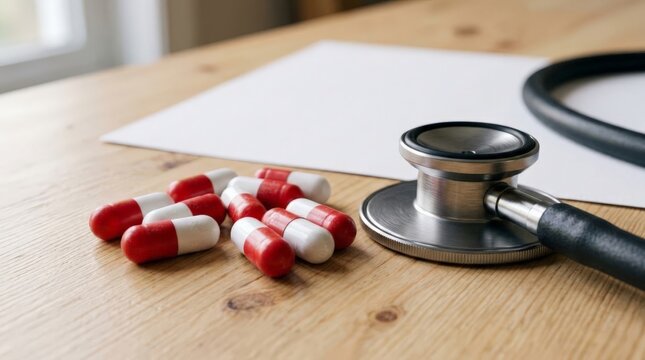 A close-up view of a stethoscope resting beside red and white capsules on a wooden table, suggesting a pharmacy consultation or medical diagnosis setup, underscoring the pills
