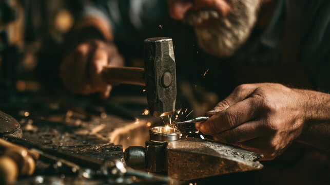 Crafting metal in a workshop using tools and a hammer at night