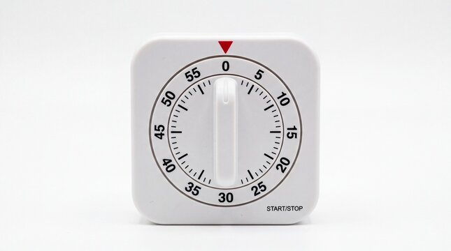 White plastic kitchen timer displaying zero minutes with bold black numbers isolated on white background
