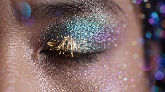 Futuristic human eye close up with digital data patterns reflecting in iris.