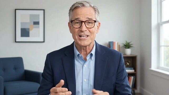Mature businessman talking during video call, professional man presenting in home office