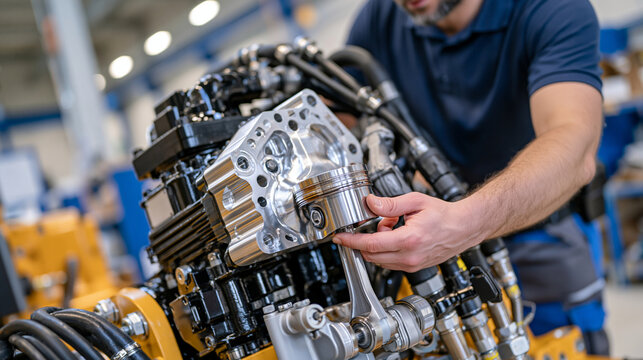 Professional engineering close up of a variable displacement piston pump mounted on industrial hydraulic equipment, precision machined aluminum housing catching bright reflected light, complex hydra