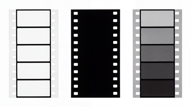 Three distinct vintage cinema film strips displayed as minimalist graphical elements presented on white background