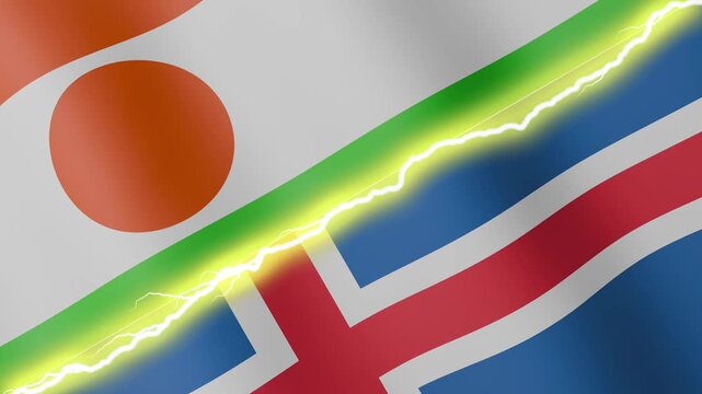 Two waving flags Niger and Iceland with diagonal lightning seamless, 4k loop
