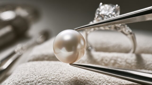 Close up of a pearl being held with tweezers in a jewelry shop with a ring in the background