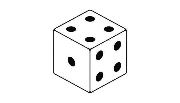 Classic gaming die line art icon showing faces one, four, and five in isometric perspective on a white background.