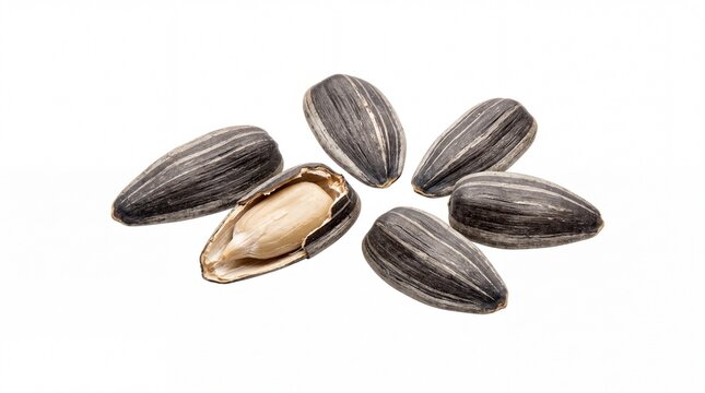 Organic roasted sunflower seeds with one cracked open showing kernel texture isolated on white background