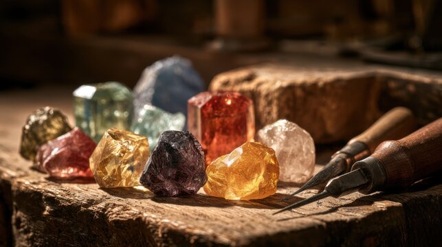 Colorful gems arranged on a wooden table with tools for cutting stones nearby in a crafting workshop during daylight
