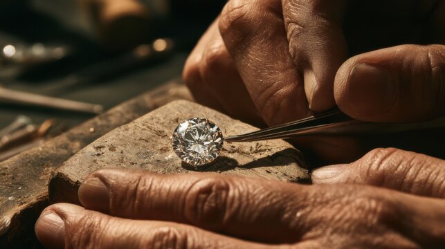 Jeweler examining a diamond on a workbench in a workshop during daylight hours
