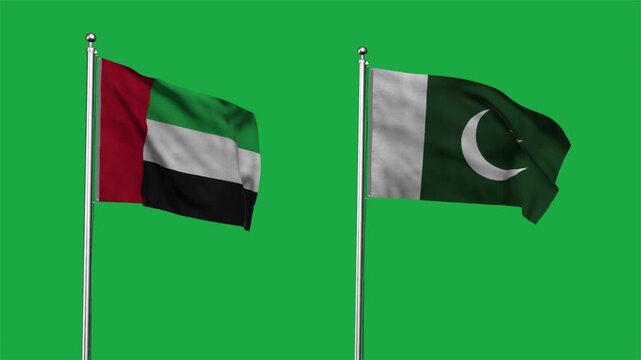 United Arab Emirates  and Pakistan  Waving Flags, 3D Illustration
