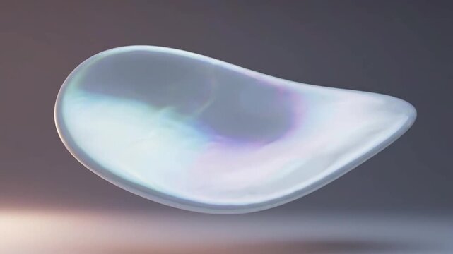 Iridescent pearlescent liquid abstract shape smoothly morphs and floats against a soft background.