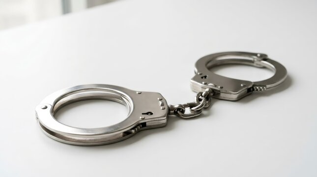 Steel handcuffs on white table. Metal restraint tool for police and law enforcement. Crime, justice and arrest concept for legal, security and criminal investigation themes.