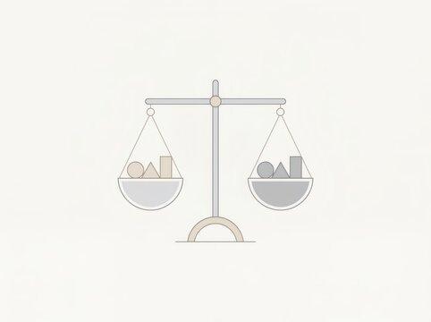 Balance scale with equal geometric shapes on two pans. Minimalist illustration of comparison, justice and equality concept. Balance and measurement symbol for business presentation and web design.