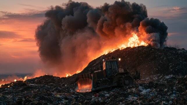 Fire and smoke at a landfill with heavy equipment operating during sunset