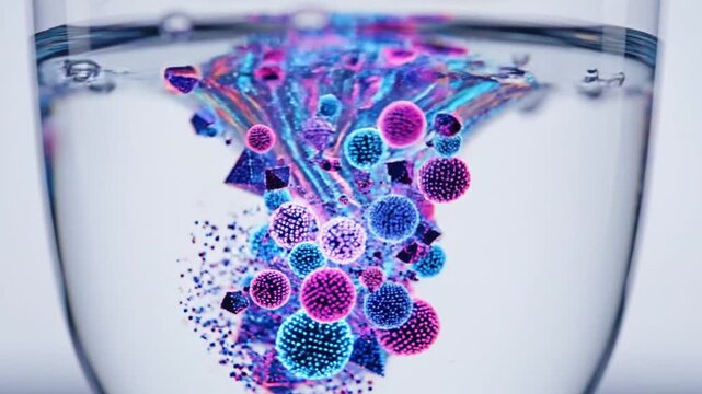 Neon geometric spheres and pyramids swirling in a water vortex. Glowing pink and blue shapes sinking in liquid macro view.