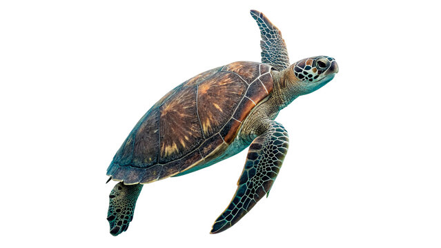 Wild sea turtle swimming aquatic marine creature isolated on transparent background for ocean biodiversity wildlife conservation.