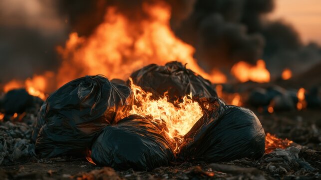 Fire consumes trash piles at a waste site during sunset in an urban area