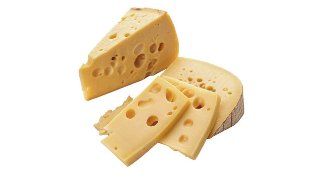 Slices of yellow gourmet cheese with holes isolated on transparent background for restaurant charcuterie appetizer menu designs.