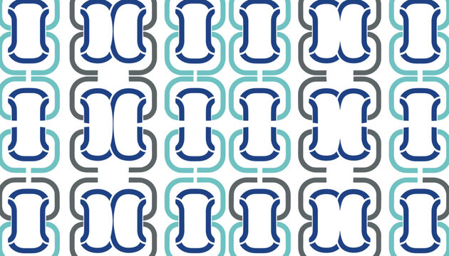 Modern geometric seamless pattern with interlocking blue and gray chain link shapes on clean white background.