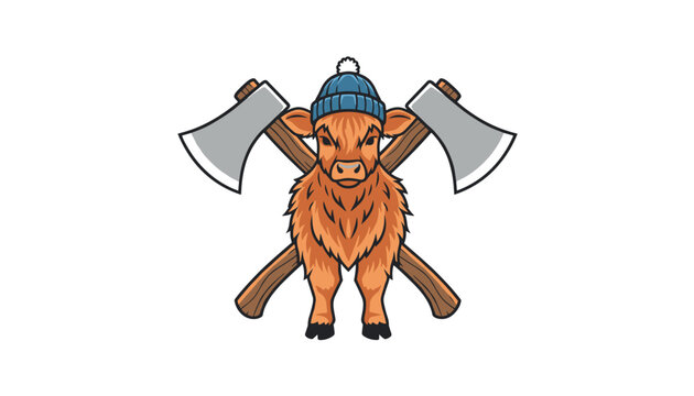 Highland cow wearing a cozy blue winter beanie hat standing in front of two crossed axes vector illustration.