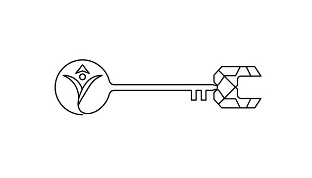 Concept line art drawing of a key with a human figure logo on the handle symbolizing growth and lock security.