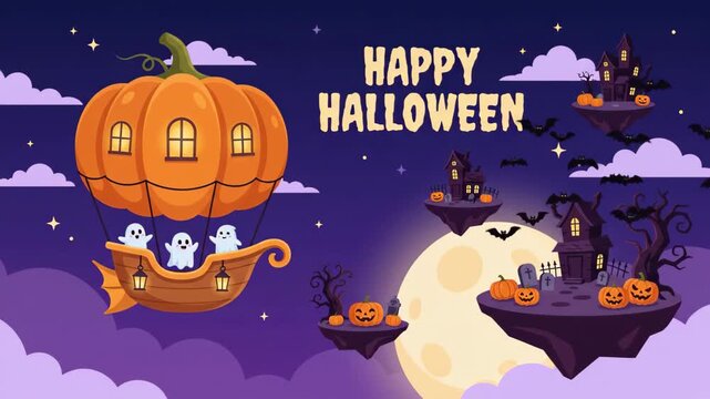 Happy Halloween greeting animation with cute ghosts in a pumpkin hot air balloon flying over a whimsical night sky with haunted houses, flying bats, and a glowing full moon, perfect for holiday
