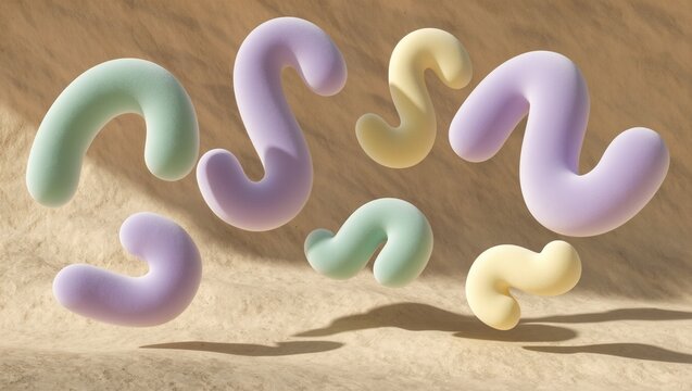 Hand rendered wavy distorted 3D abstract text elements on a soft textured background