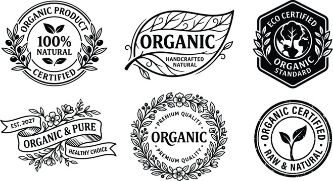Collection of vintage organic labels and badges isolated on transparent background