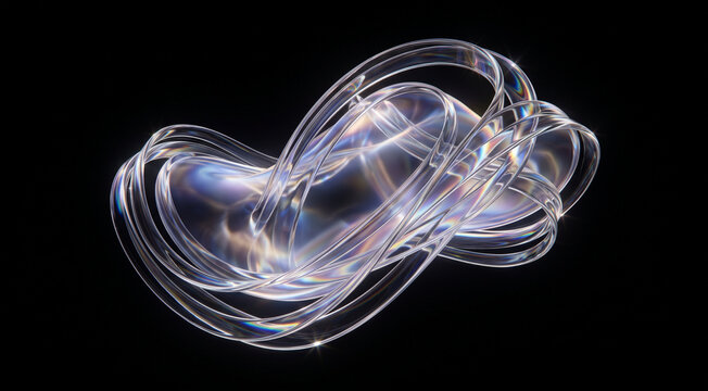 Iridescent looped form creates a complex, abstract three-dimensional design.