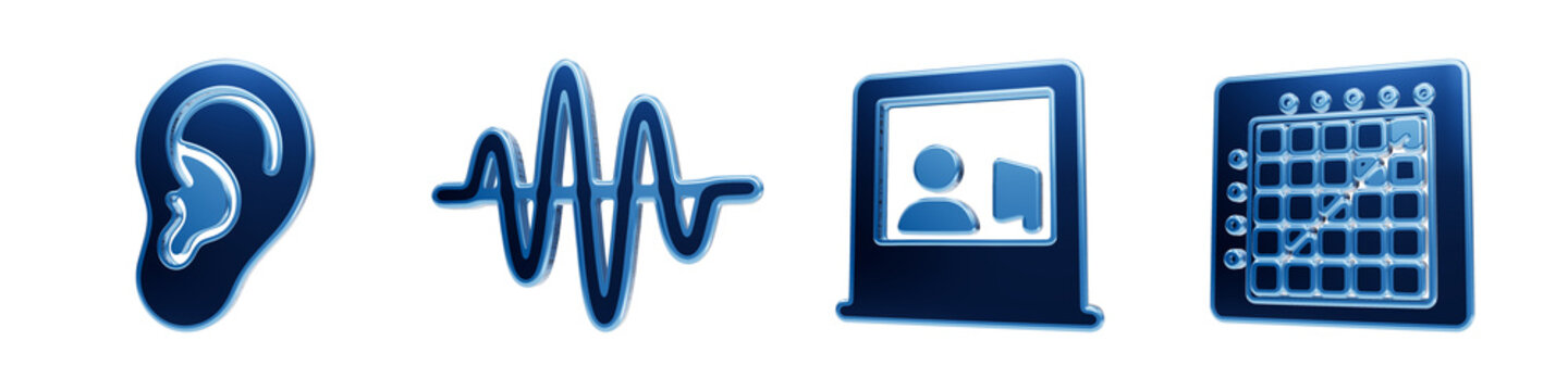 Audiology testing and hearing health icons in dark blue metallic style on transparent background