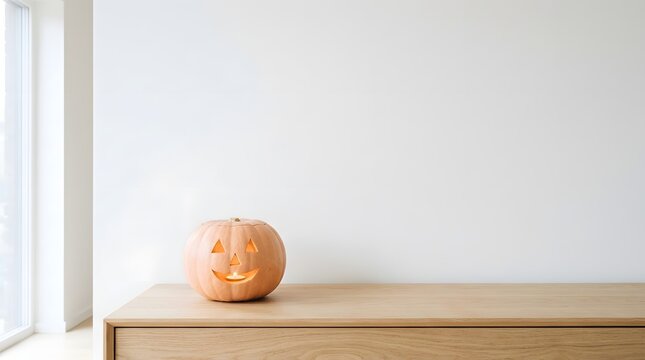 A solitary carved pumpkin sits on a wooden surface against a stark minimalist white wall evoking the spirit of halloween