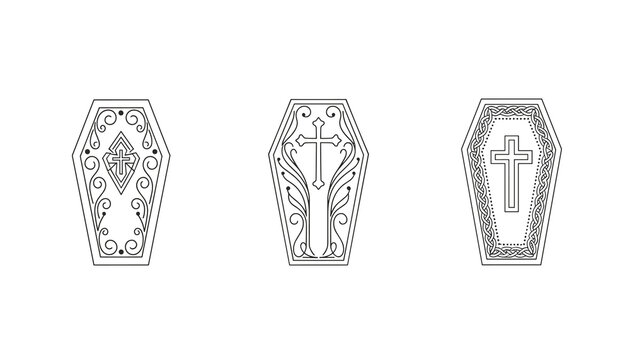 Line art drawings of decorative coffins featuring intricate gothic details, cross designs, and celtic knot patterns.