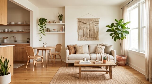 Clutter free boho room, cozy boho apartment styling, natural textures and polished decor, lifestyle interior, for warm interior campaigns, cozy design, warm editorial s