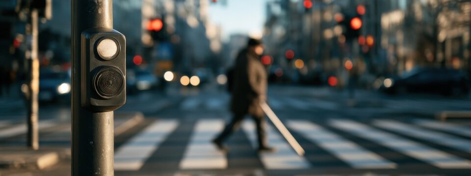 Traffic signal with pedestrian crossing on a busy city street in the afternoon