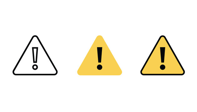 Warning triangle icons displaying exclamation points in three styles including outline, yellow fill, and dark bordered.