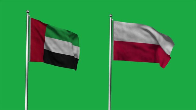 United Arab Emirates  and Poland Waving Flags, 3D Illustration