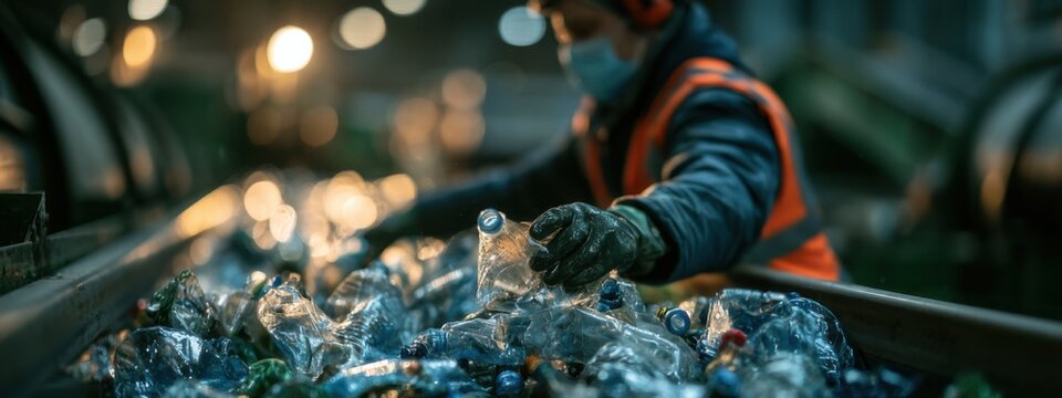 Workers sort plastic waste at a recycling facility in the evening while wearing masks and gloves to ensure safety