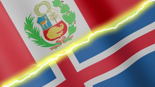 Two waving flags Peru and Iceland with diagonal lightning seamless, 4k loop