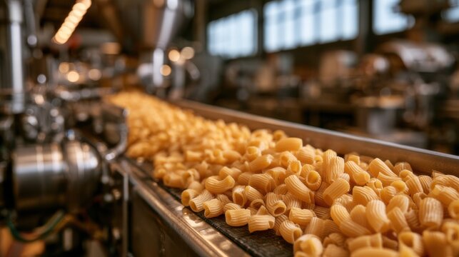 Pasta moves along a production line in a factory during the daytime with machines working in the background