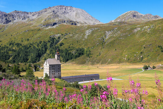 The Simplon Pass on the Swiss boarder to Italy wiith the old Simplon Hospice (Alte Spittel) in summer.