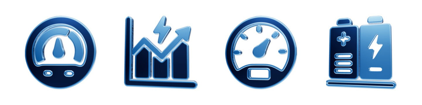 Blue industrial metering and battery power level icons with charts gauges and speedometer graphic