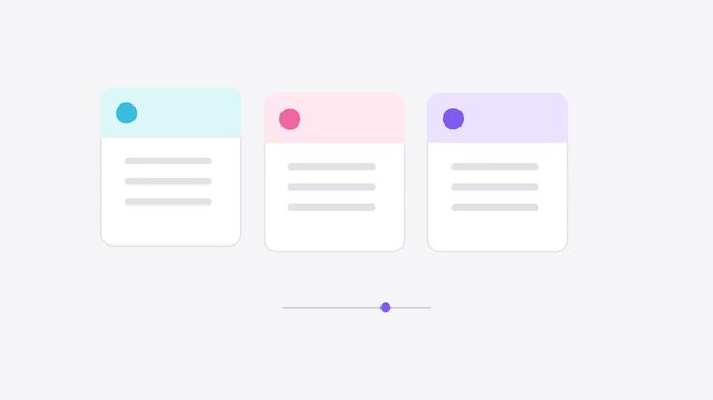 Minimalist infographic slide design featuring three stylized information cards with vibrant color-coded circular accents and horizontal alignment