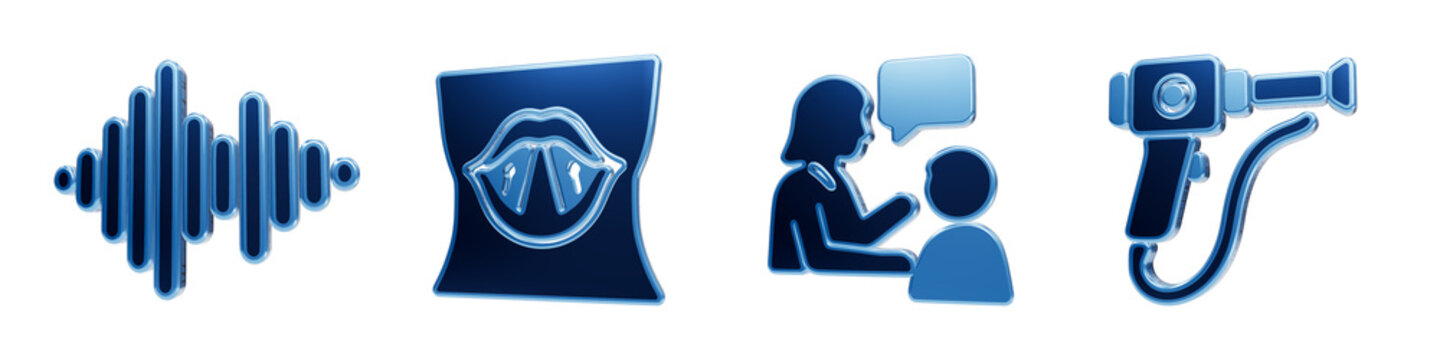 Audio visualization and speech assistance tools blue glass icon collection for therapy apps