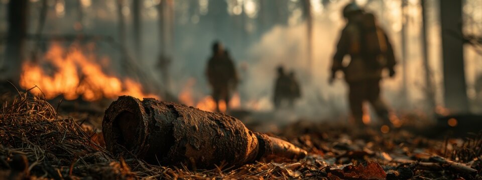 Firefighters work during a wildfire in a forest area as flames spread in the background